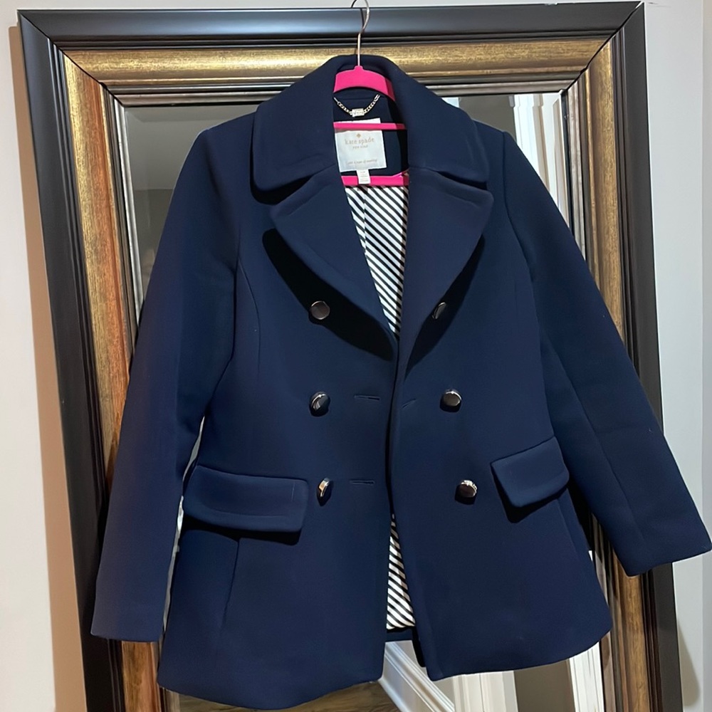 Kate Spade Navy Coat. Size S. Cute bow back detail. Navy/white stripe lining